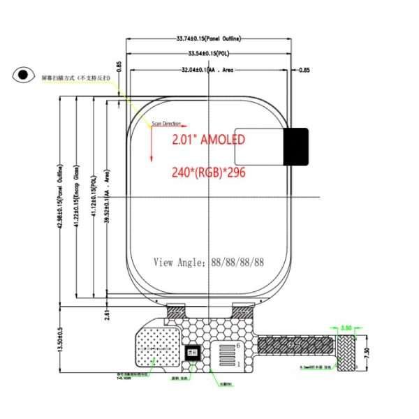 2.01-inch AMOLED Display, 240x296, QSPI TOH201XVT-01