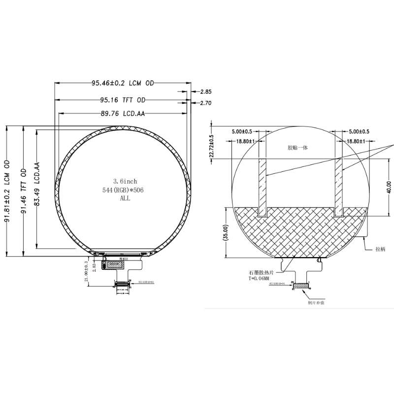 3.6 inch Nearly Round LCD, RGB, 544x506
