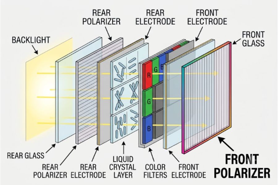 LCD Structural Stack_ Highlighting the Front and Rear Polarizers